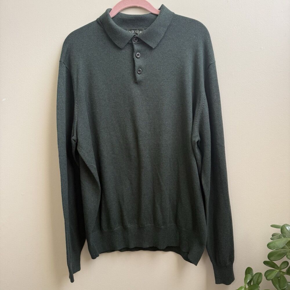 Orvis Sweater Mens XL Green Cotton Silk Cashmere Collared Polo Henley Pullover